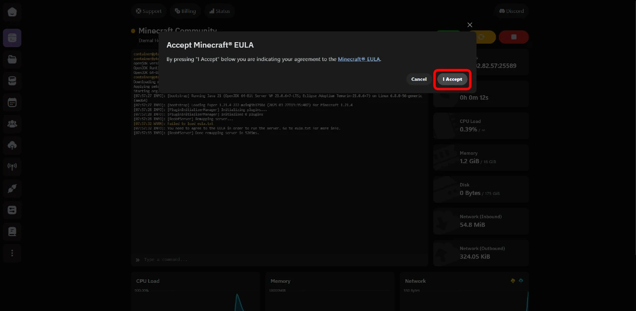 Minecraft EULA acceptance dialog in the control panel