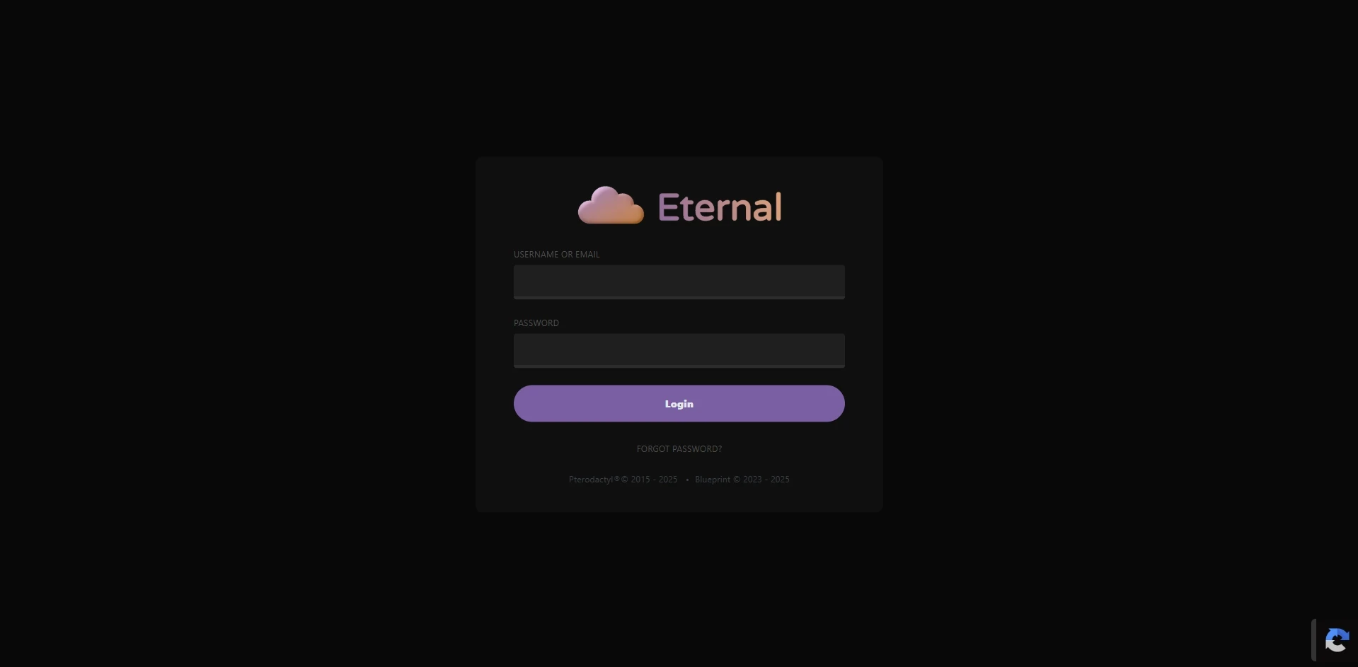 Eternal Hosting Control Panel Dashboard showing server list